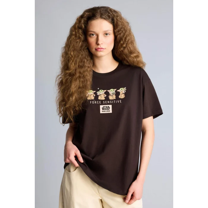 Defacto H1073AXBN207 Kahve Star Wars-Mandalorıan Oversıze Bisiklet Yaka Baskılı Kısa Kollu Tişört