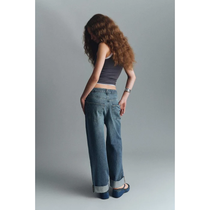 Defacto E9134AXNM28 Mavi Baggy Fıt Yüksek Bel Katlamalı Paça Jean Yıkamalı Pantolon