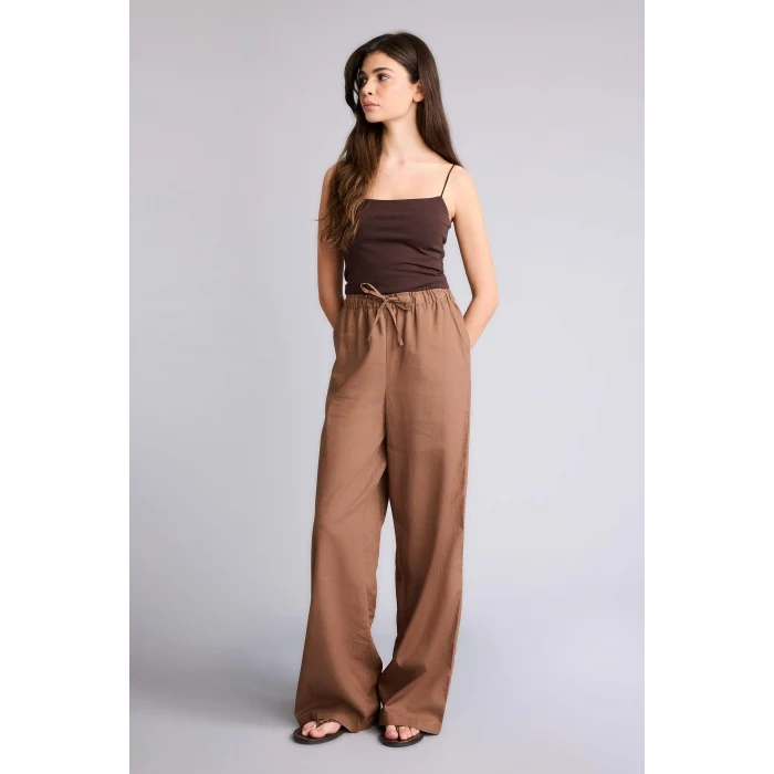 Defacto E1981AXBN534 Kahve Wıde Leg Çift Cepli Beli Lastikli Standart Boy Keten Karışımlı Pantolon