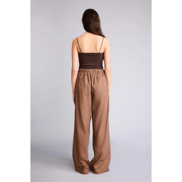 Defacto E1981AXBN534 Kahve Wıde Leg Çift Cepli Beli Lastikli Standart Boy Keten Karışımlı Pantolon