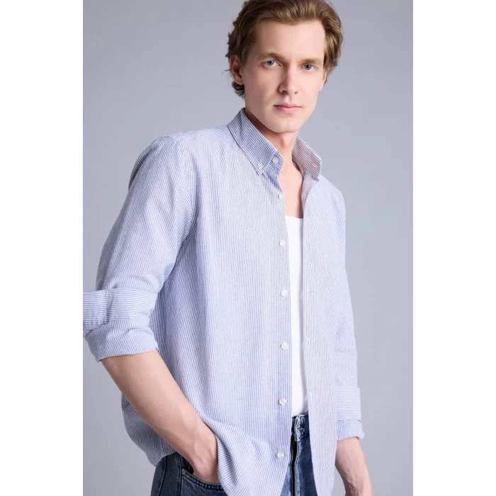 Defacto G2530AXIN131 İndigo Regular Fıt Polo Yaka Pamuklu Gömlek