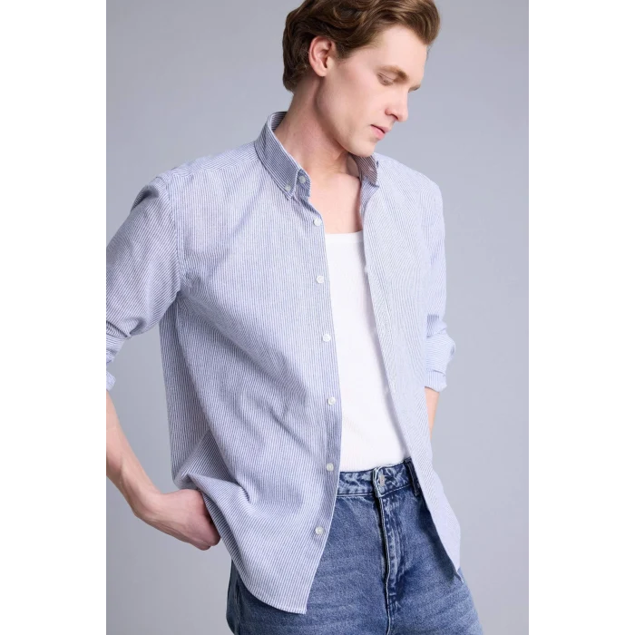 Defacto G2530AXIN131 İndigo Regular Fıt Polo Yaka Pamuklu Gömlek