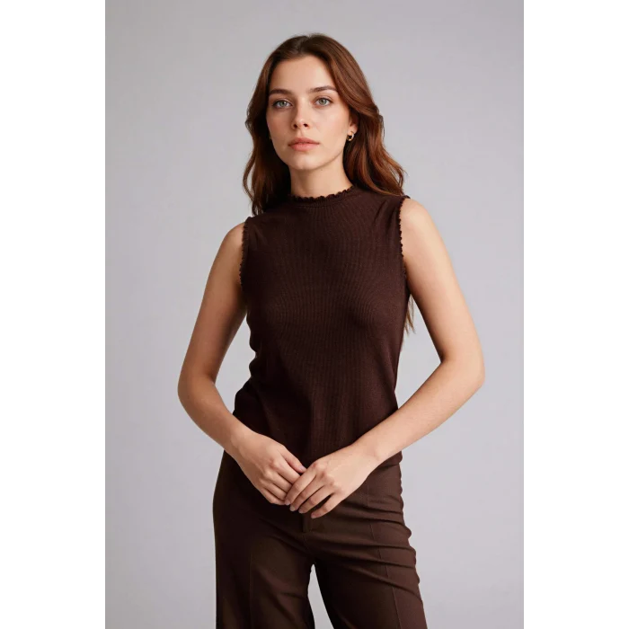 Defacto G0050AXBN207 Kahve Slım Fıt Yarım Balıkçı Yaka Fitilli Kaşkorse Tunik
