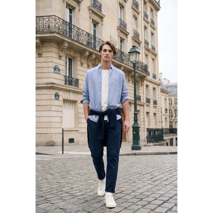 Defacto F9322AXBE753 Mavi Keten Karışımlı Gömlek