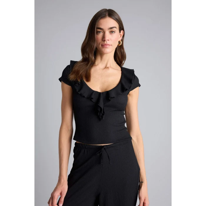 Defacto H1593AXBK81 Siyah Slım Fıt Bürümcük Tişört