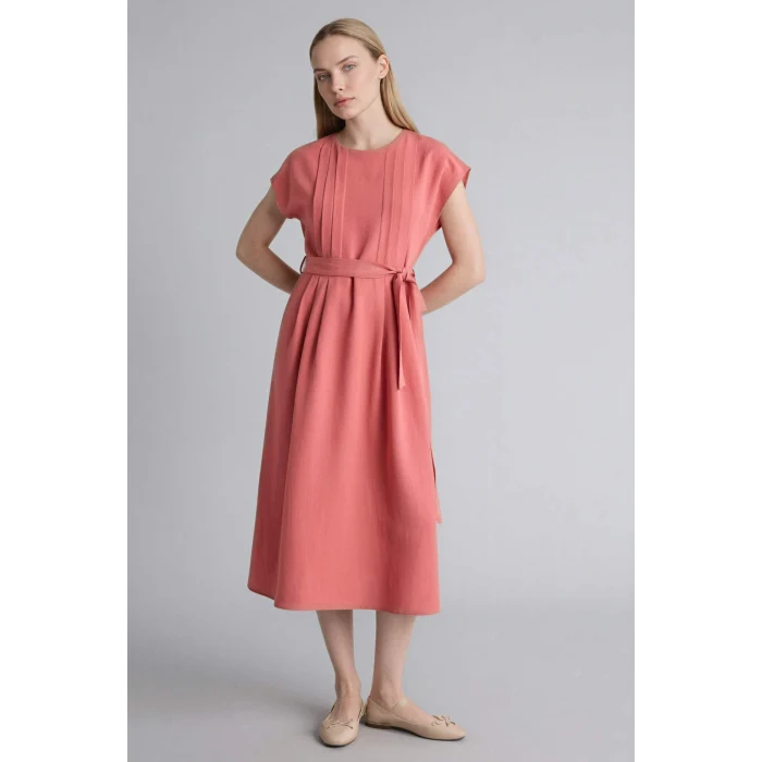 Defacto H0073AXBR268 Bordo Yuvarlak Yaka Keten Karışımlı Kısa Kollu Elbise