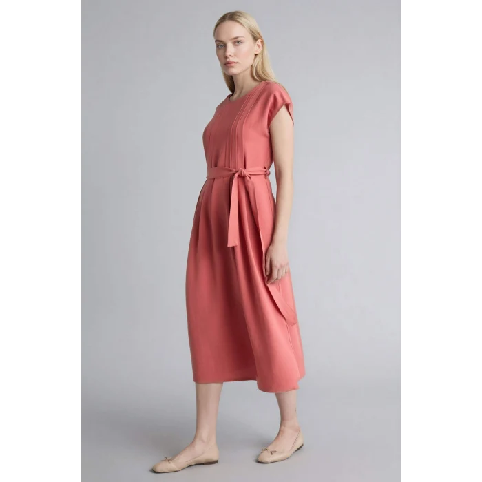 Defacto H0073AXBR268 Bordo Yuvarlak Yaka Keten Karışımlı Kısa Kollu Elbise