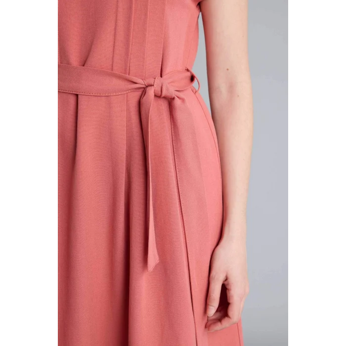 Defacto H0073AXBR268 Bordo Yuvarlak Yaka Keten Karışımlı Kısa Kollu Elbise