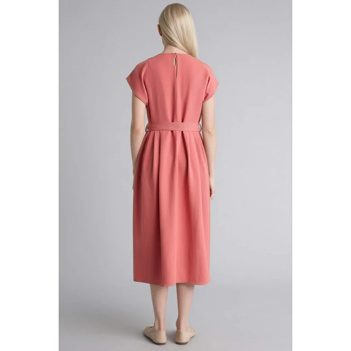 Defacto H0073AXBR268 Bordo Yuvarlak Yaka Keten Karışımlı Kısa Kollu Elbise