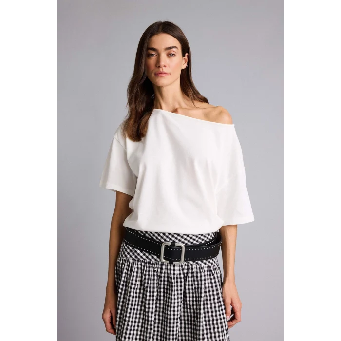 Defacto H6703AXER105 Ekru Relax Fıt Kayık Yaka Basıc Düz Kısa Kollu Tişört