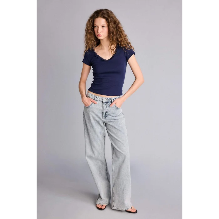 Defacto H1786AXNV31 Lacivert Fıtted Dantel Yaka Ribana Kısa Kollu Tişört