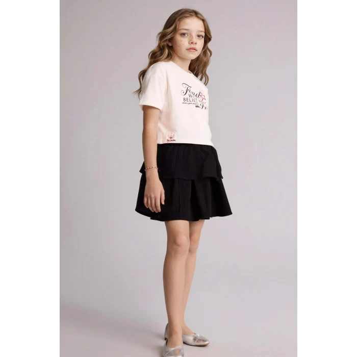 Defacto H2757A8ER105 Ekru Baskılı Tişört Etek 2li Takım Kız Çocuk