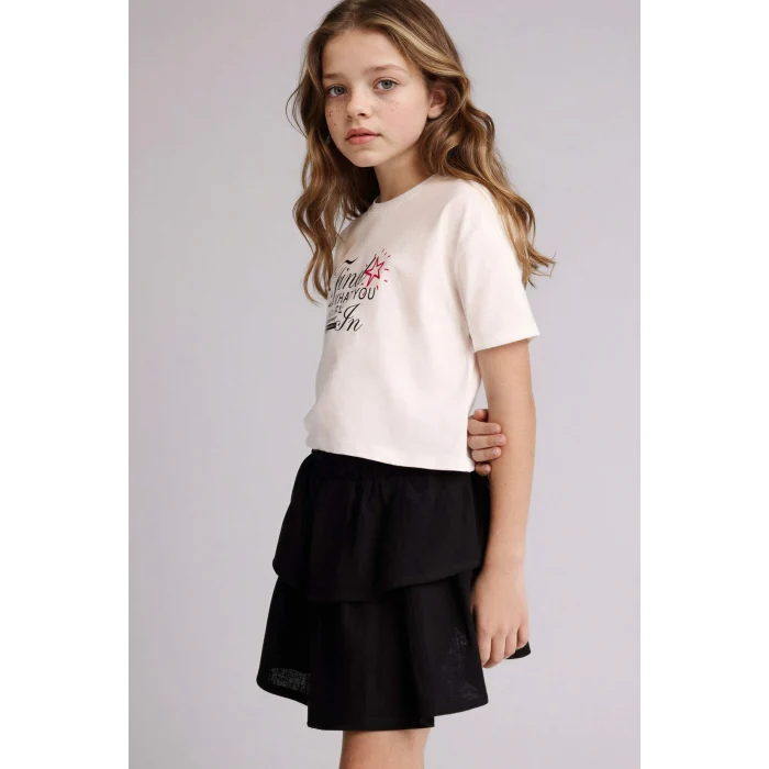 Defacto H2757A8ER105 Ekru Baskılı Tişört Etek 2li Takım Kız Çocuk