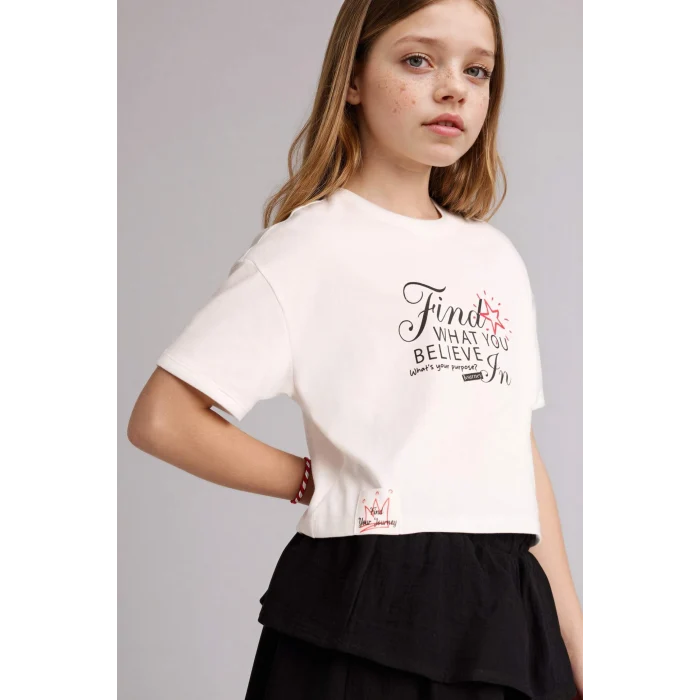 Defacto H2757A8ER105 Ekru Baskılı Tişört Etek 2li Takım Kız Çocuk