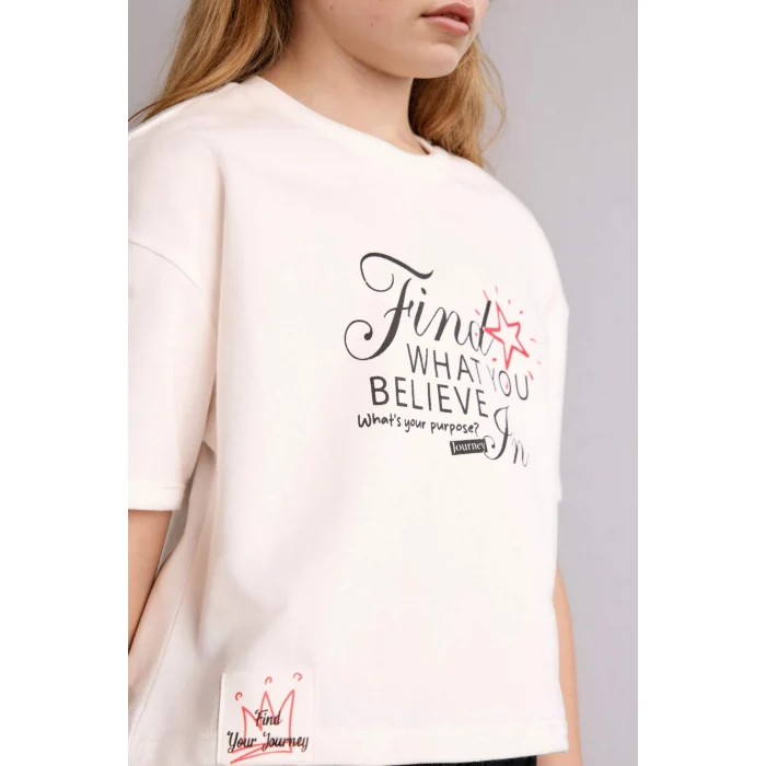 Defacto H2757A8ER105 Ekru Baskılı Tişört Etek 2li Takım Kız Çocuk