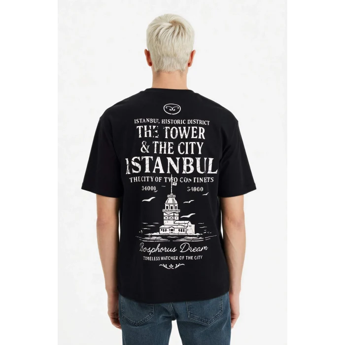 Defacto F8164AXBK81 Siyah %100 Pamuk Boxy Fit Baskılı Tişört