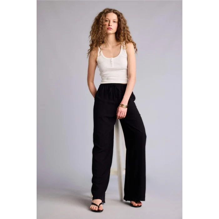 Defacto F5024AXBK27 Siyah Wıde Leg Cepli Yüksek Bel Standart Boy Keten Karışımlı Pantolon
