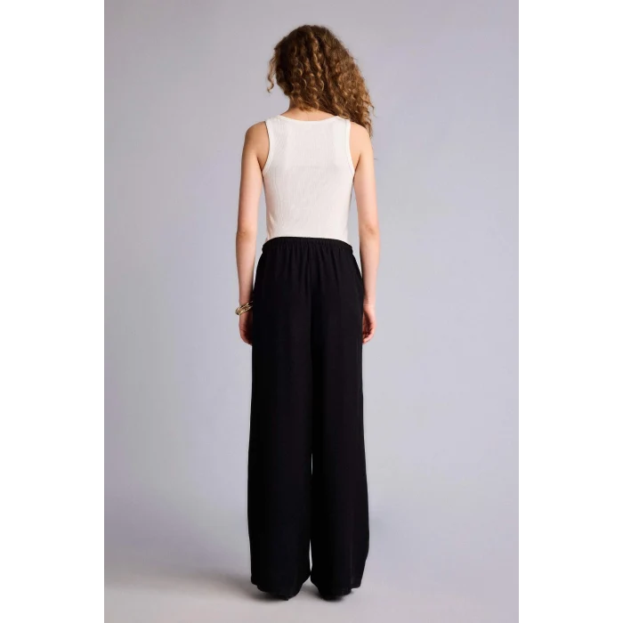 Defacto F5024AXBK27 Siyah Wıde Leg Cepli Yüksek Bel Standart Boy Keten Karışımlı Pantolon