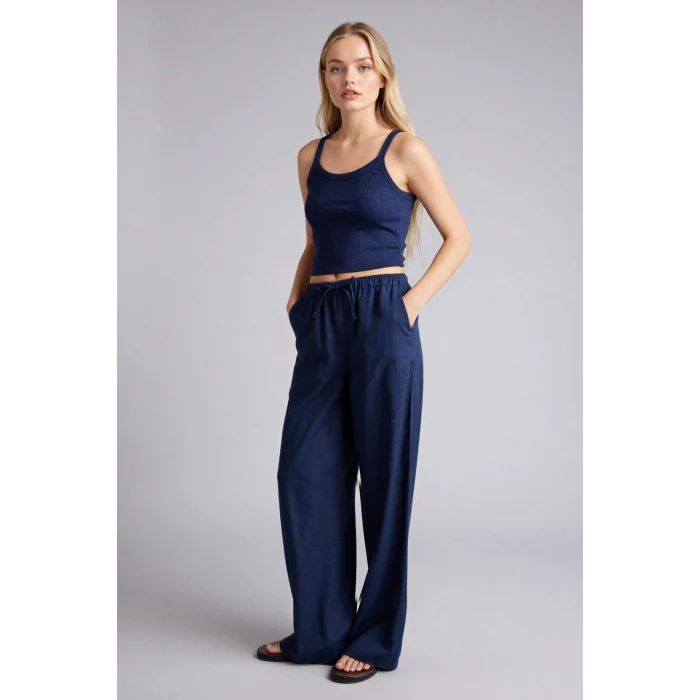 Defacto E1981AXNV125 Lacivert Wıde Leg Beli Lastikli Keten Karışımlı Pantolon