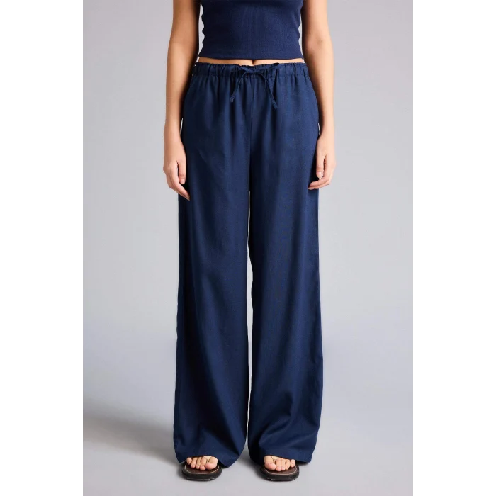 Defacto E1981AXNV125 Lacivert Wıde Leg Beli Lastikli Keten Karışımlı Pantolon