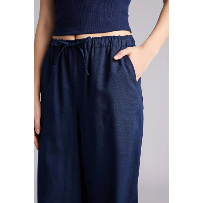 Defacto E1981AXNV125 Lacivert Wıde Leg Beli Lastikli Keten Karışımlı Pantolon