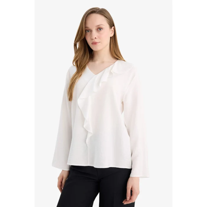 Defacto G9142AXER105 Ekru Relax Fit Krinkıl Kumaş Volanlı Bluz