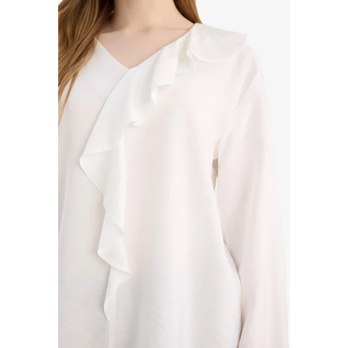 Defacto G9142AXER105 Ekru Relax Fit Krinkıl Kumaş Volanlı Bluz