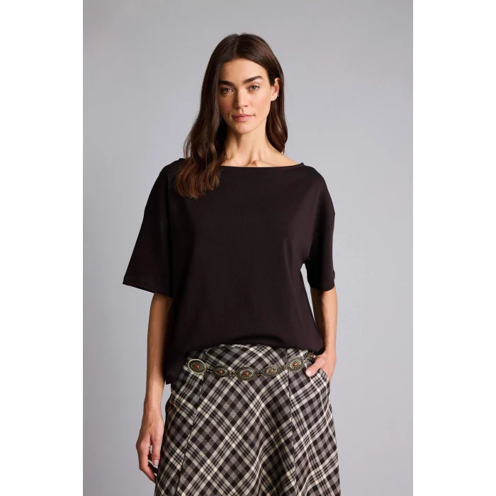 Defacto H6703AXBN340 Kahve Relax Fıt Kayık Yaka Basıc Düz Kısa Kollu Tişört