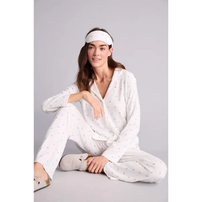 Defacto H1801AXER98 Ekru Çiçekli Pijama Takımı Üst Alt