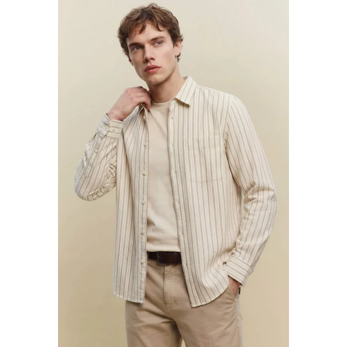 Defacto F9322AXER137 Ekru Keten Karışımlı Gömlek