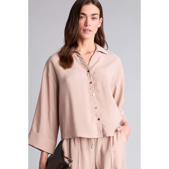 Defacto E9007AXBG176 Bej Loose Fıt Akışkan Kumaş Gömlek