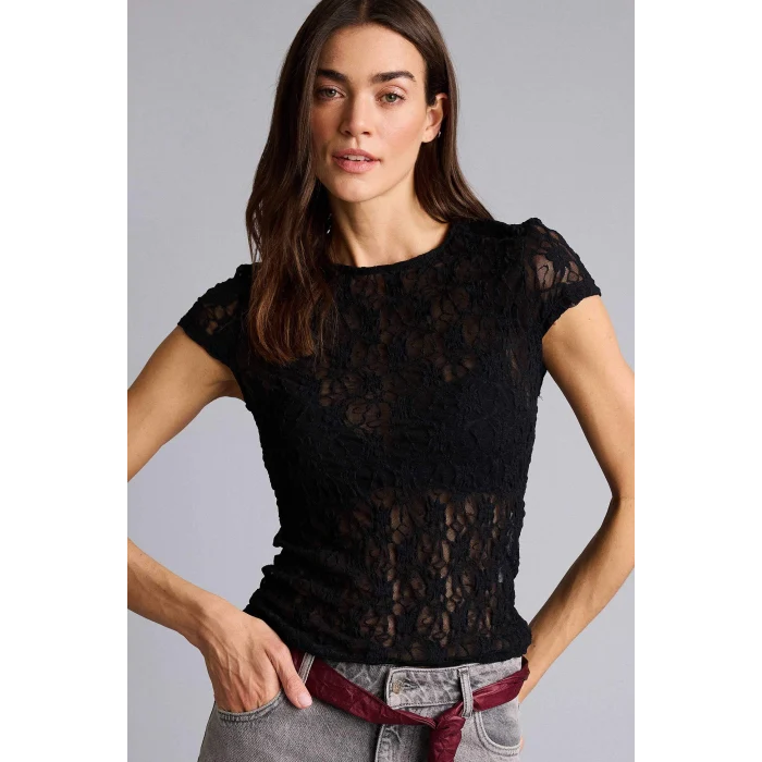 Defacto H5769AXBK81 Siyah Slım Fıt Bisiklet Yaka Dantel Kısa Kollu Tişört