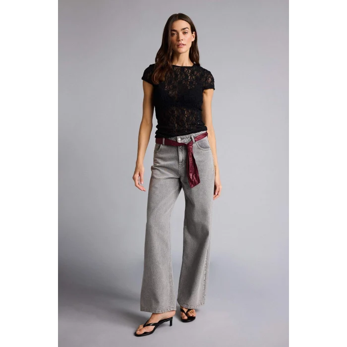 Defacto H5769AXBK81 Siyah Slım Fıt Bisiklet Yaka Dantel Kısa Kollu Tişört