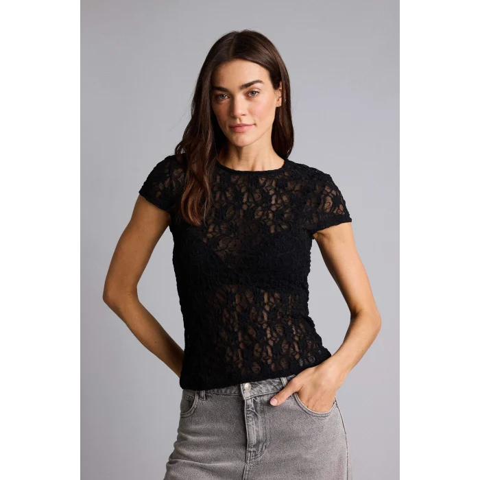 Defacto H5769AXBK81 Siyah Slım Fıt Bisiklet Yaka Dantel Kısa Kollu Tişört