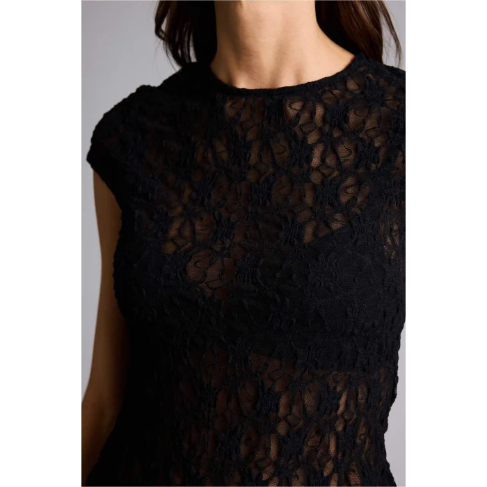 Defacto H5769AXBK81 Siyah Slım Fıt Bisiklet Yaka Dantel Kısa Kollu Tişört