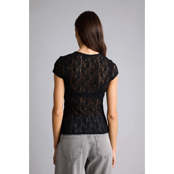Defacto H5769AXBK81 Siyah Slım Fıt Bisiklet Yaka Dantel Kısa Kollu Tişört