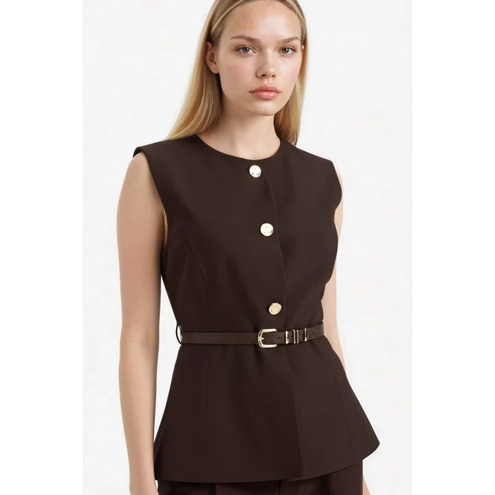 Defacto F7293AXBN473 Kahve Fıtted Bisiklet Yaka Yelek