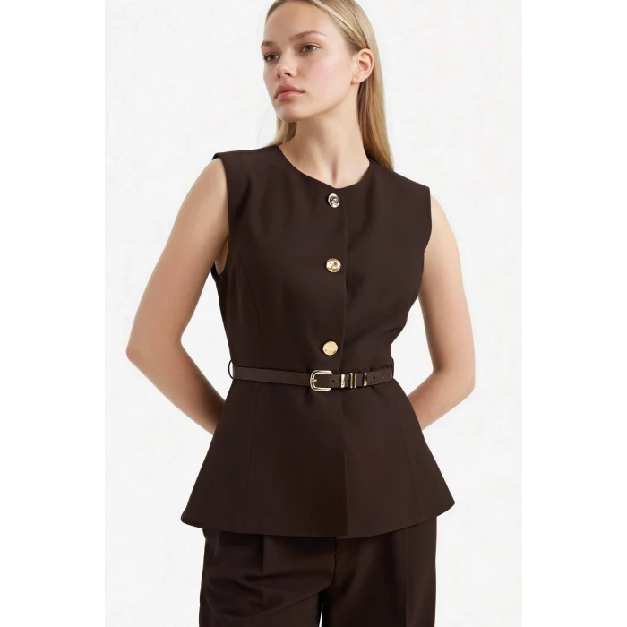 Defacto F7293AXBN473 Kahve Fıtted Bisiklet Yaka Yelek