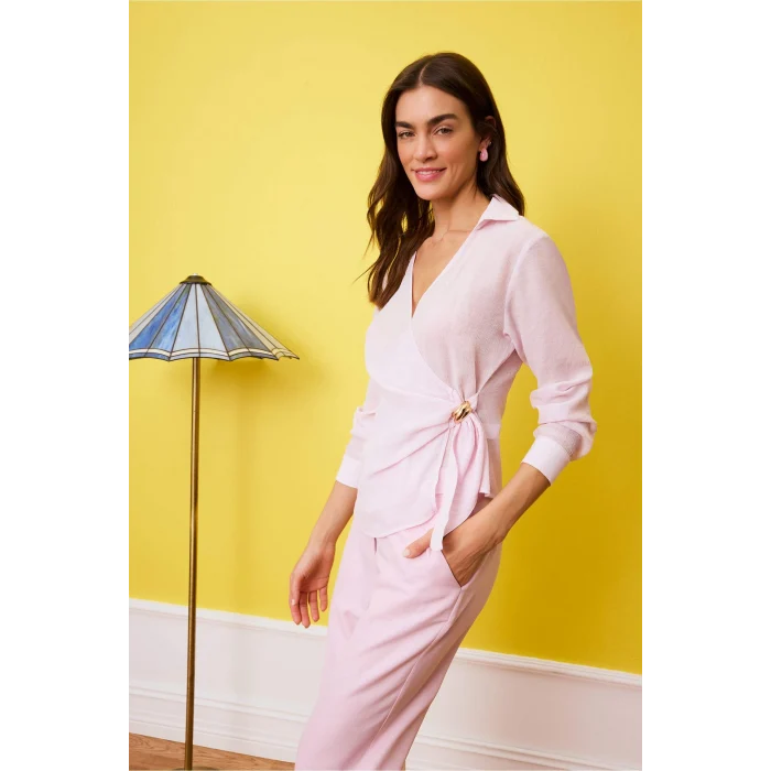 Defacto H0776AXPN343 Pembe Regular Fıt Wrap Yaka Dokulu Uzun Kollu Bluz