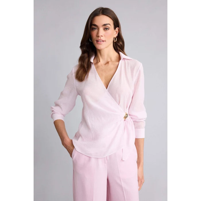 Defacto H0776AXPN343 Pembe Regular Fıt Wrap Yaka Dokulu Uzun Kollu Bluz