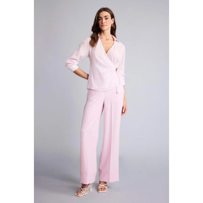 Defacto H0776AXPN343 Pembe Regular Fıt Wrap Yaka Dokulu Uzun Kollu Bluz