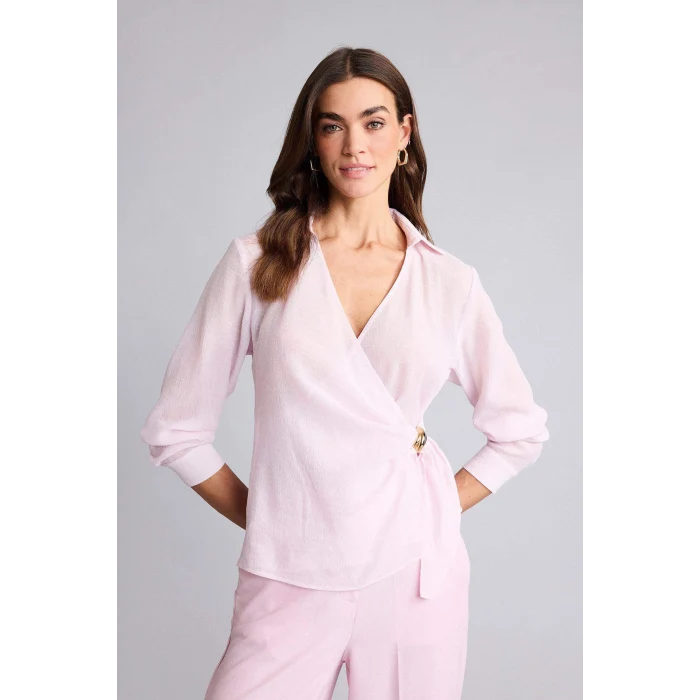 Defacto H0776AXPN343 Pembe Regular Fıt Wrap Yaka Dokulu Uzun Kollu Bluz