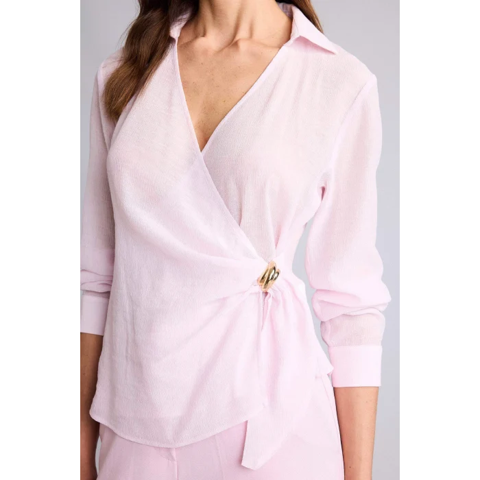 Defacto H0776AXPN343 Pembe Regular Fıt Wrap Yaka Dokulu Uzun Kollu Bluz