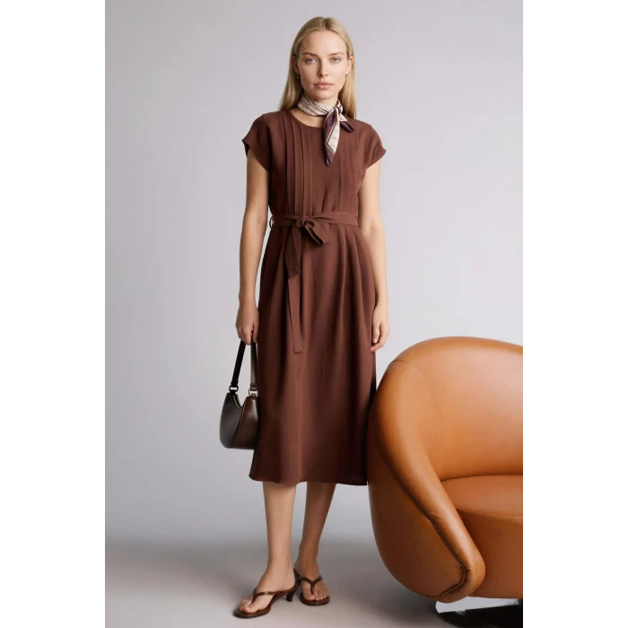 Defacto H0073AXBN330 Kahve Yuvarlak Yaka Keten Karışımlı Kısa Kollu Elbise