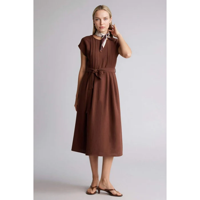 Defacto H0073AXBN330 Kahve Yuvarlak Yaka Keten Karışımlı Kısa Kollu Elbise