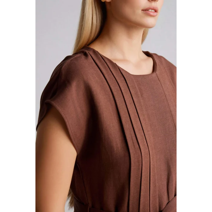 Defacto H0073AXBN330 Kahve Yuvarlak Yaka Keten Karışımlı Kısa Kollu Elbise