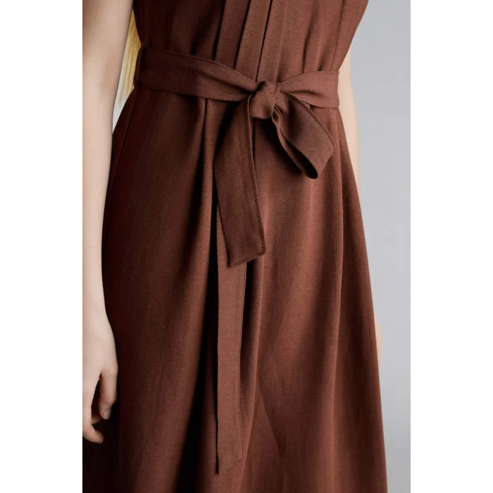 Defacto H0073AXBN330 Kahve Yuvarlak Yaka Keten Karışımlı Kısa Kollu Elbise