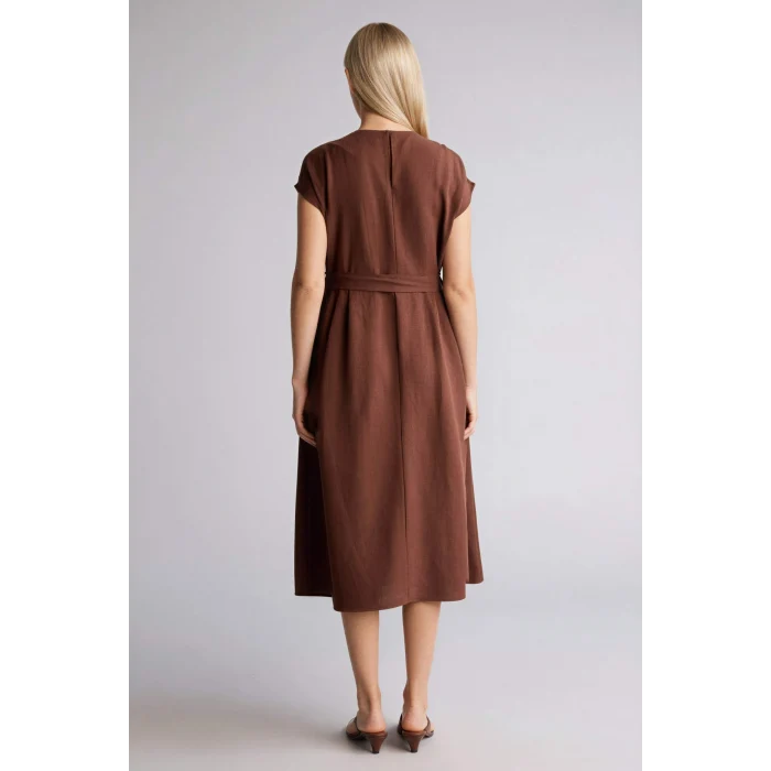 Defacto H0073AXBN330 Kahve Yuvarlak Yaka Keten Karışımlı Kısa Kollu Elbise