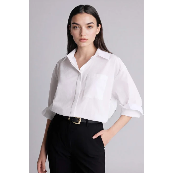 Defacto G9803AXWT34 Beyaz Oversıze Gömlek Yaka Poplin Uzun Kollu Gömlek
