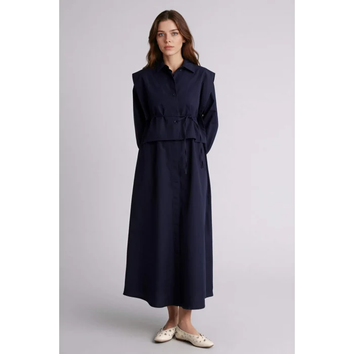 Defacto F7382AXNV243 Lacivert Hakim Yaka Poplin Uzun Kollu Elbise